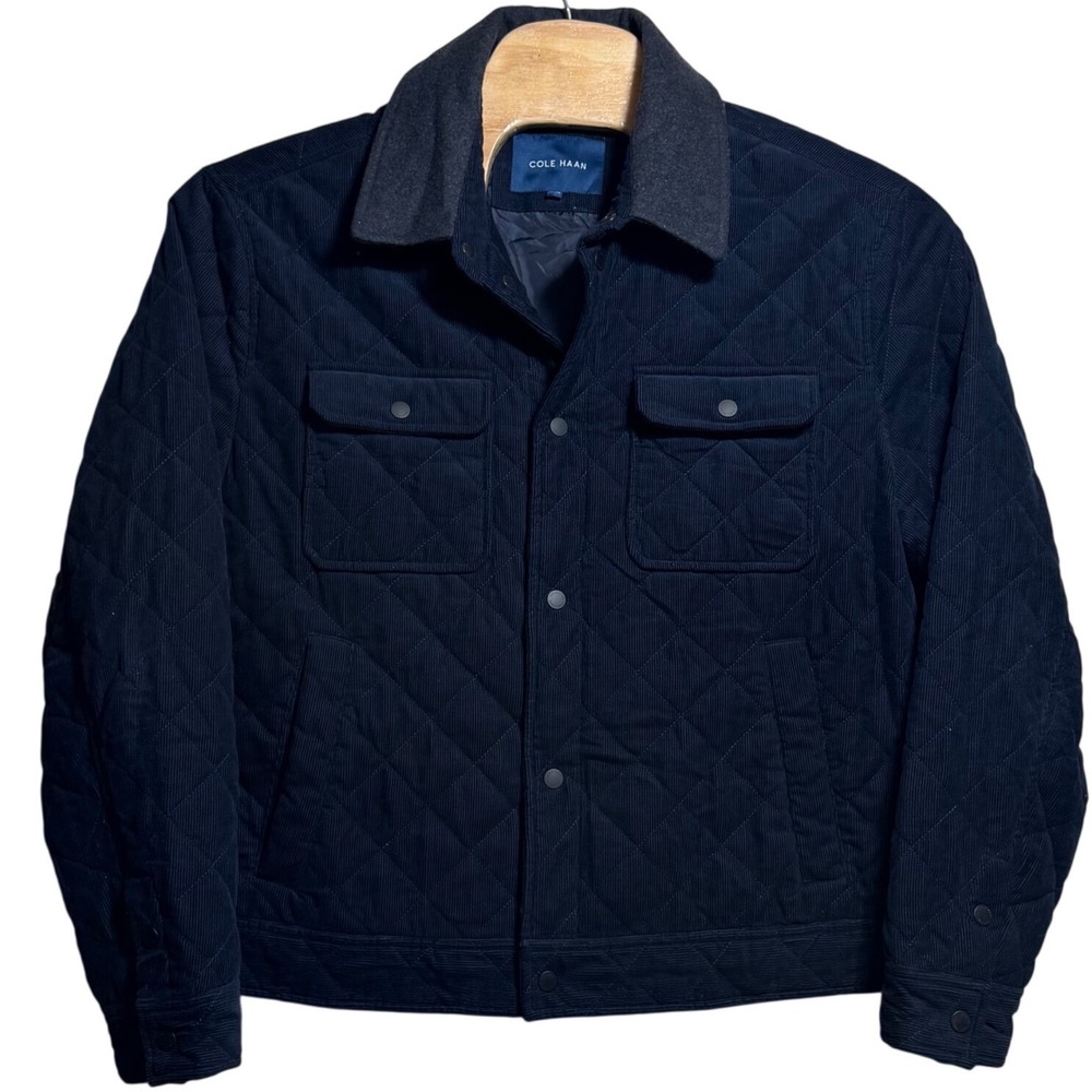 Cole Haan Mens XL Quilted Corduroy Trucker Jacket Navy Blue Wool Collar Coat